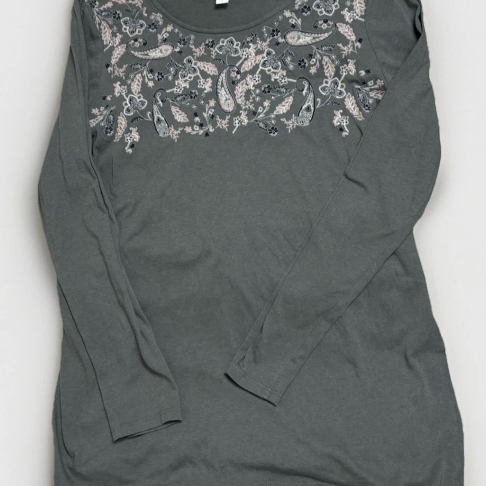 J. Jill Women Small Floral Paisley Embroidered Long Sleeve Tunic Top Olive Green